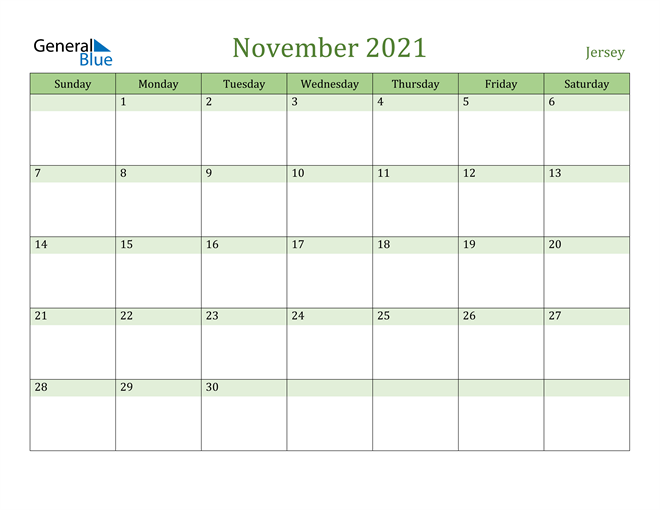 November 2021 Calendar with Jersey Holidays
