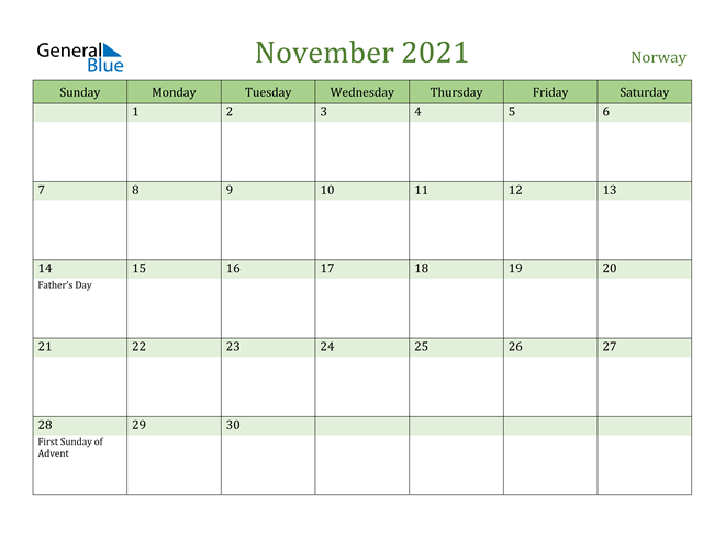 November 2021 Calendar with Norway Holidays