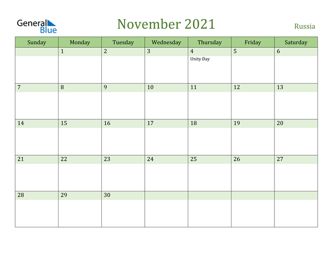 November 2021 Calendar with Russia Holidays