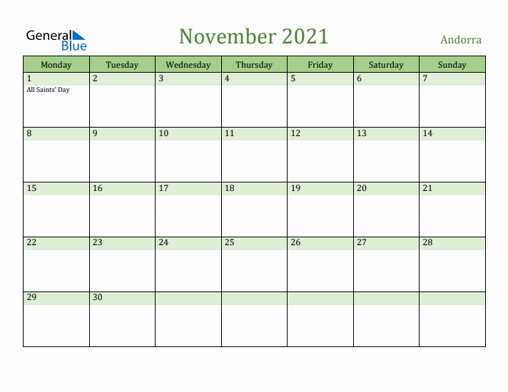 November 2021 Calendar with Andorra Holidays