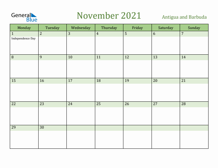 November 2021 Calendar with Antigua and Barbuda Holidays