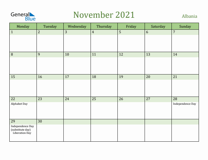 November 2021 Calendar with Albania Holidays