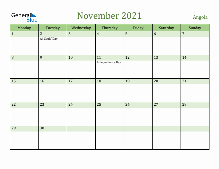 November 2021 Calendar with Angola Holidays