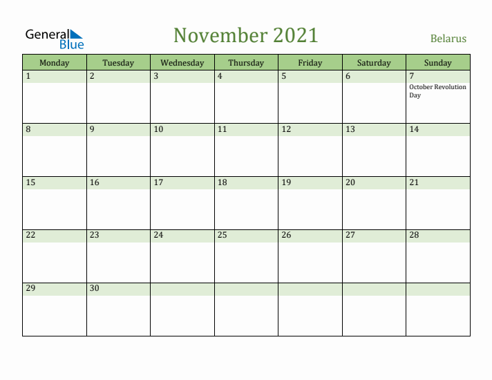 November 2021 Calendar with Belarus Holidays