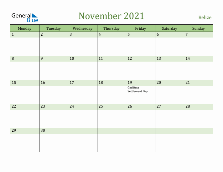 November 2021 Calendar with Belize Holidays