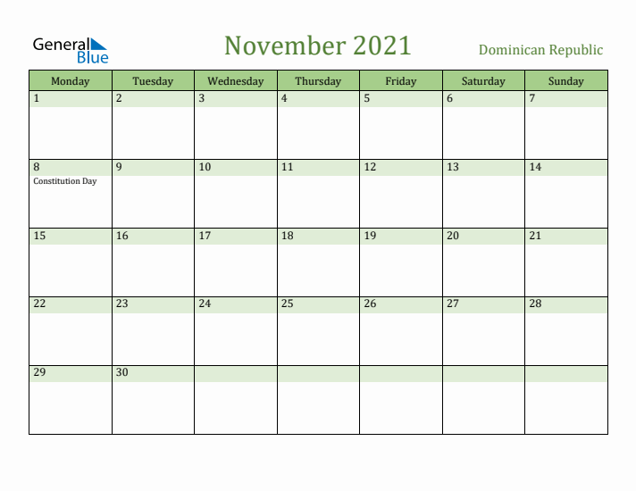 November 2021 Calendar with Dominican Republic Holidays