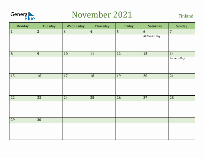 November 2021 Calendar with Finland Holidays