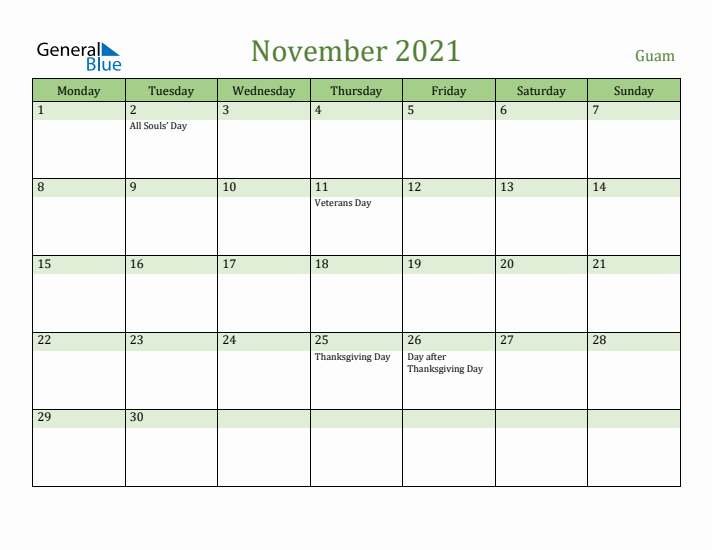 November 2021 Calendar with Guam Holidays