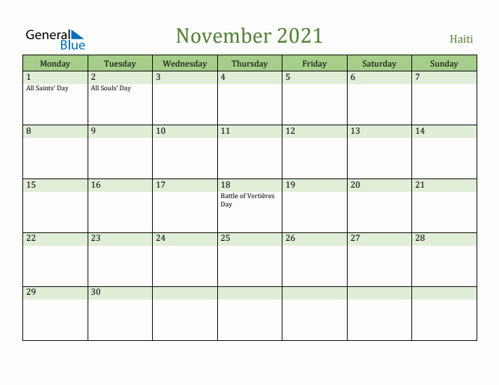 November 2021 Calendar with Haiti Holidays
