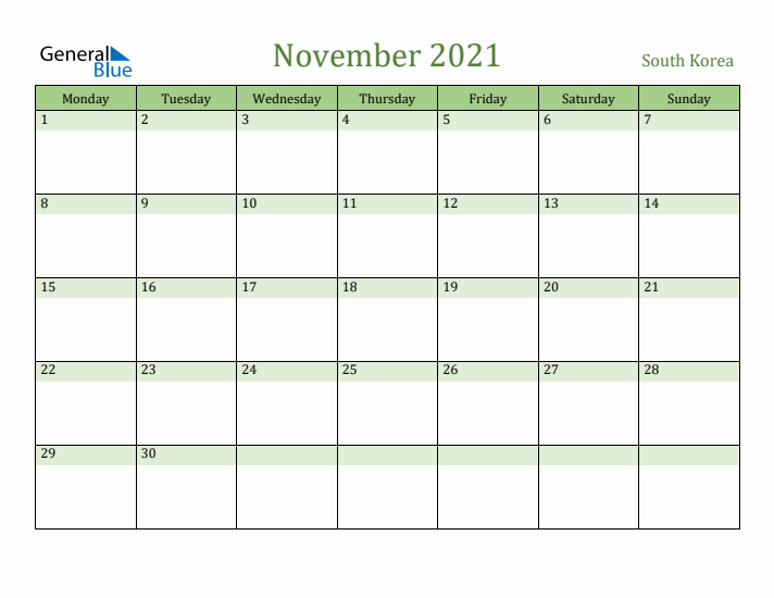 November 2021 Calendar with South Korea Holidays