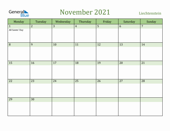 November 2021 Calendar with Liechtenstein Holidays