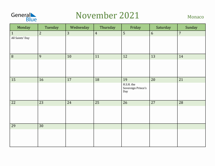 November 2021 Calendar with Monaco Holidays