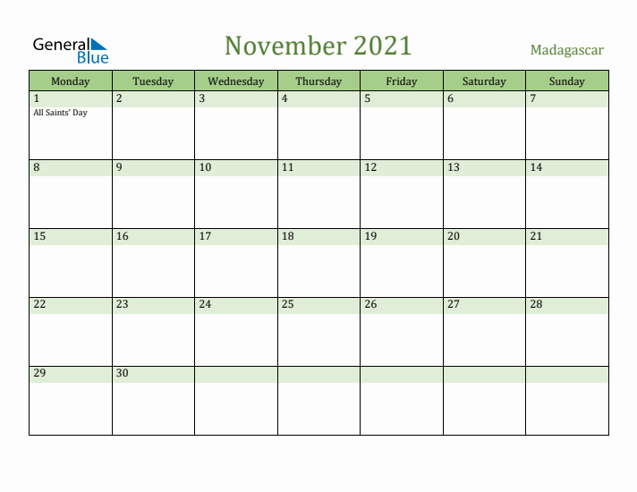 November 2021 Calendar with Madagascar Holidays