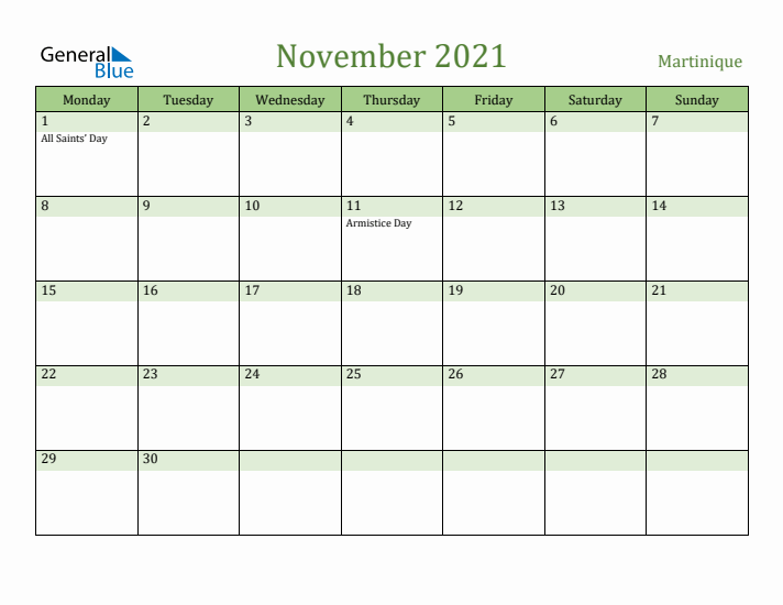 November 2021 Calendar with Martinique Holidays