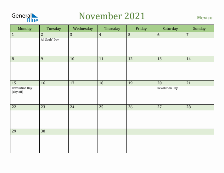 November 2021 Calendar with Mexico Holidays