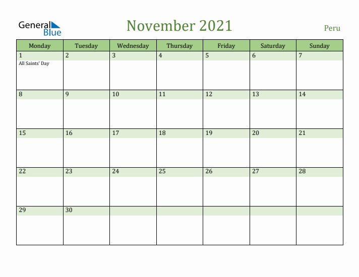 November 2021 Calendar with Peru Holidays