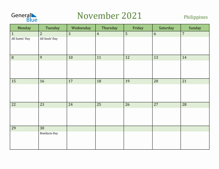 November 2021 Calendar with Philippines Holidays