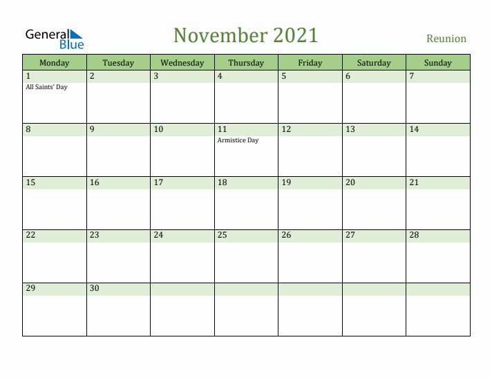 November 2021 Calendar with Reunion Holidays