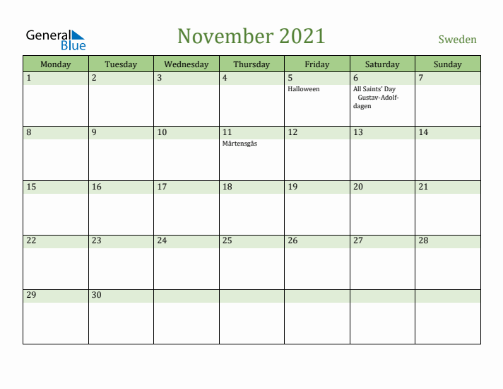 November 2021 Calendar with Sweden Holidays