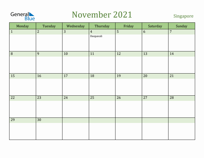 November 2021 Calendar with Singapore Holidays