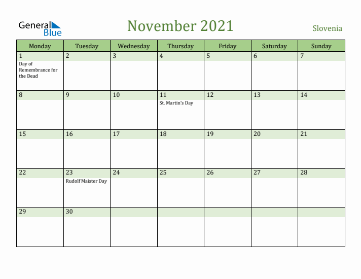 November 2021 Calendar with Slovenia Holidays