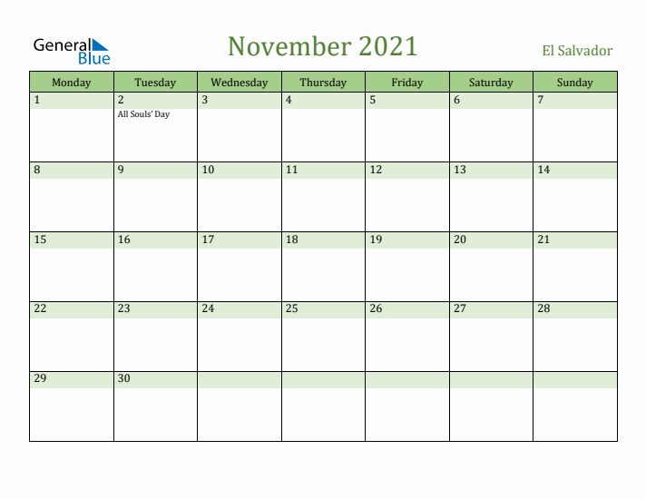 November 2021 Calendar with El Salvador Holidays