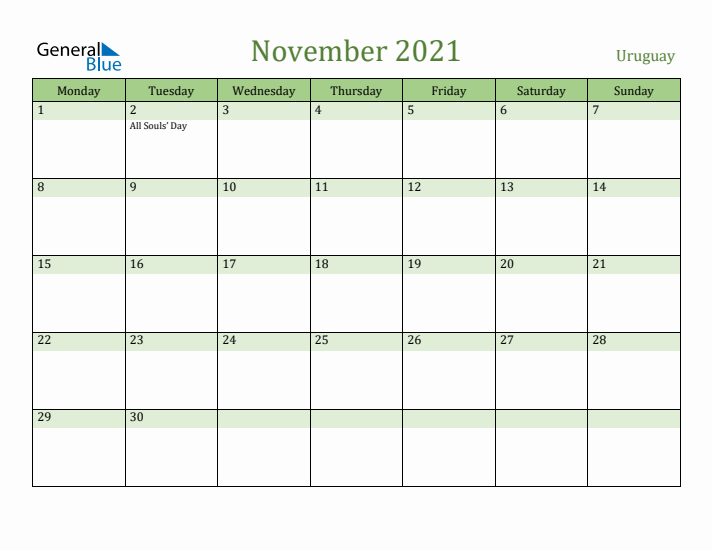 November 2021 Calendar with Uruguay Holidays