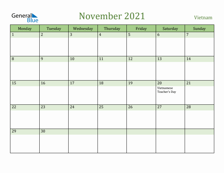 November 2021 Calendar with Vietnam Holidays