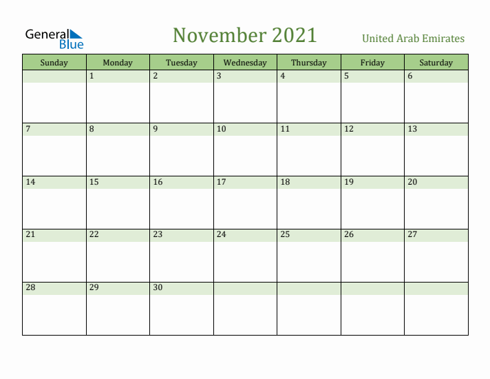 November 2021 Calendar with United Arab Emirates Holidays