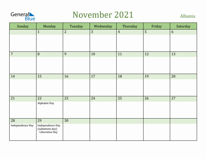 November 2021 Calendar with Albania Holidays