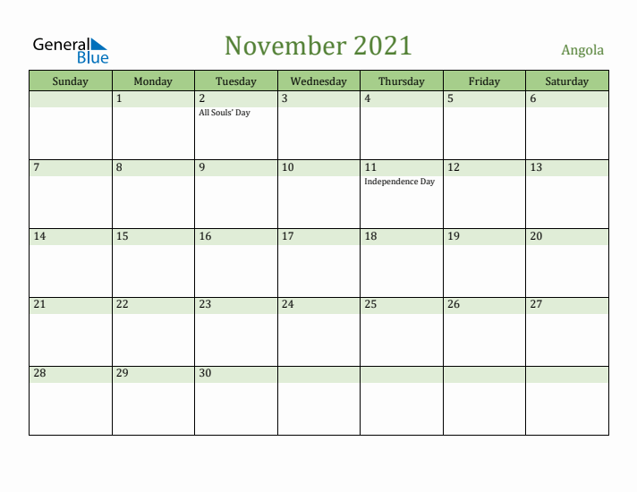 November 2021 Calendar with Angola Holidays