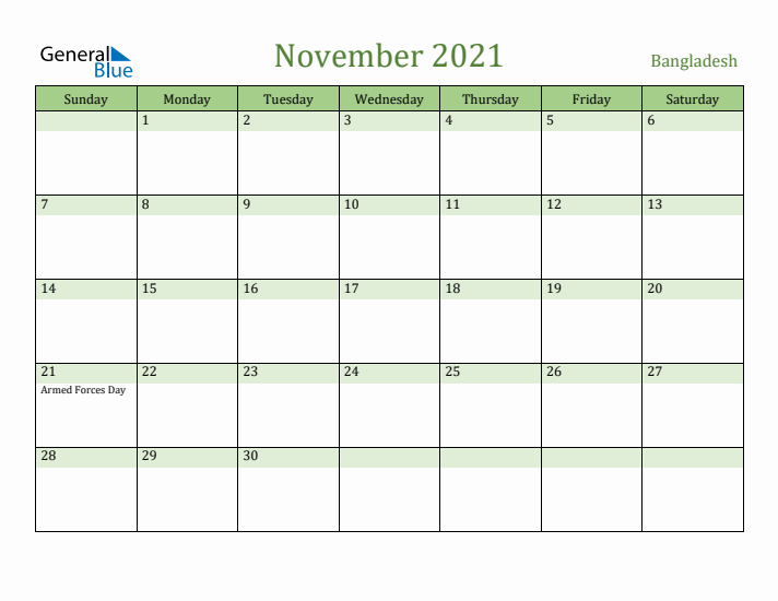 November 2021 Calendar with Bangladesh Holidays