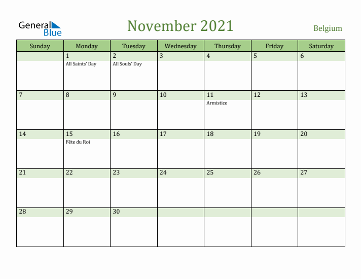 November 2021 Calendar with Belgium Holidays