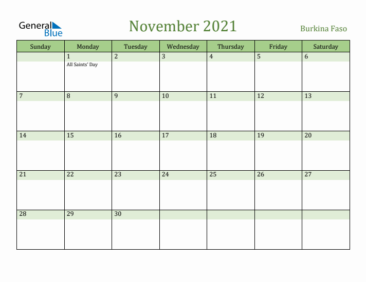 November 2021 Calendar with Burkina Faso Holidays