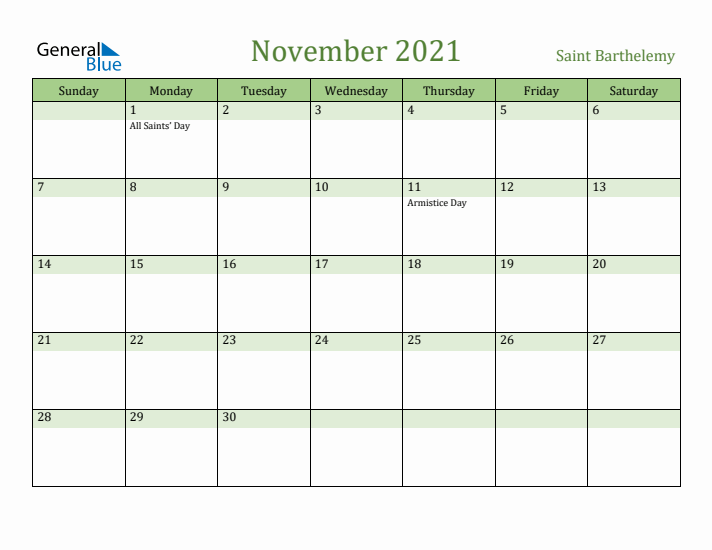 November 2021 Calendar with Saint Barthelemy Holidays