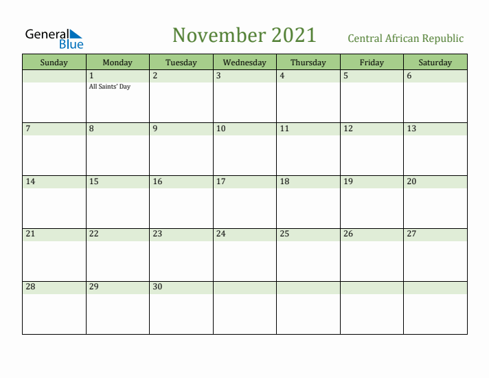 November 2021 Calendar with Central African Republic Holidays