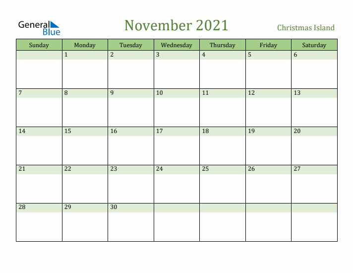 November 2021 Calendar with Christmas Island Holidays
