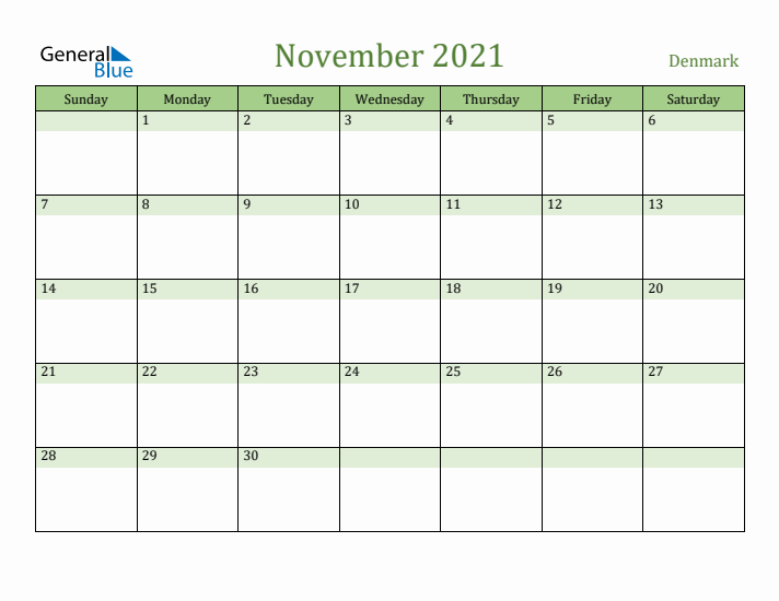 November 2021 Calendar with Denmark Holidays
