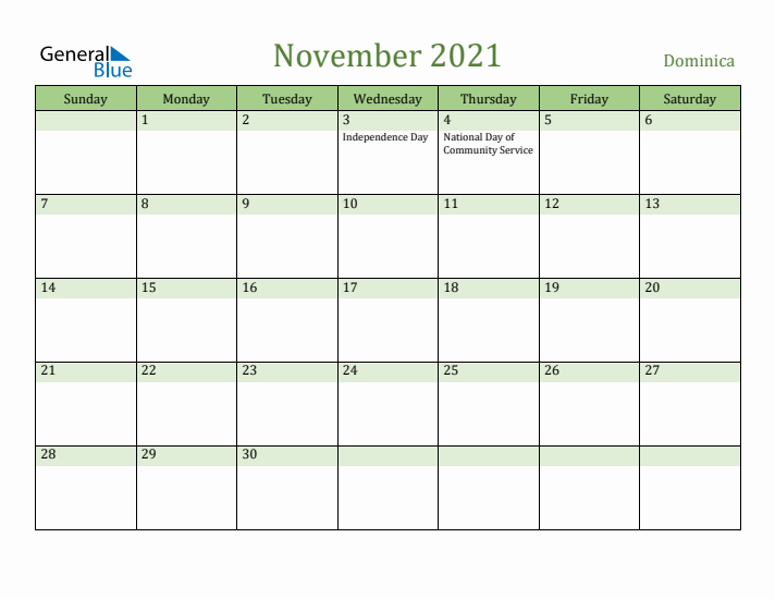 November 2021 Calendar with Dominica Holidays