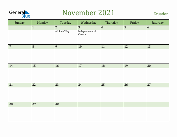 November 2021 Calendar with Ecuador Holidays