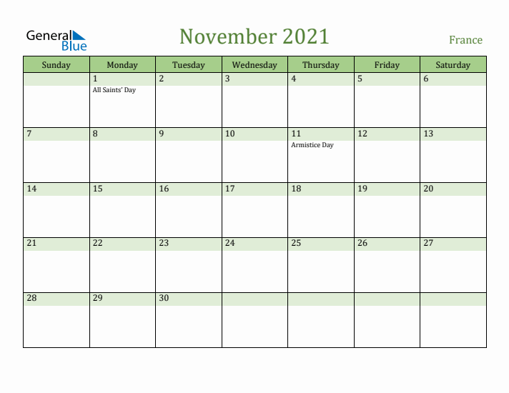 November 2021 Calendar with France Holidays