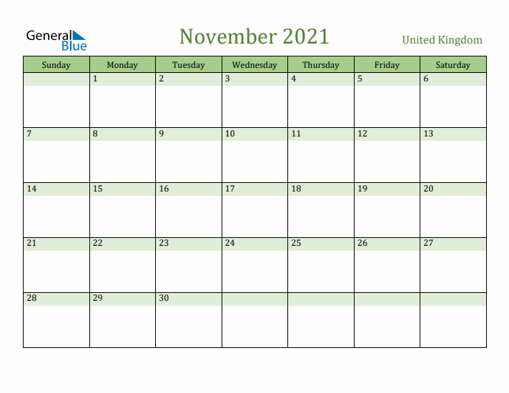 November 2021 Calendar with United Kingdom Holidays