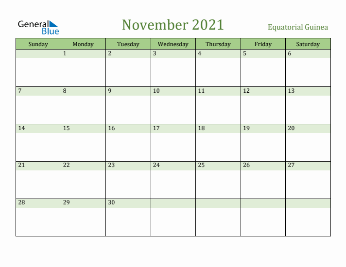 November 2021 Calendar with Equatorial Guinea Holidays