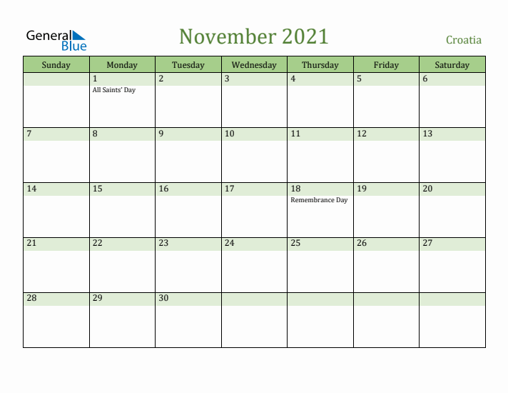 November 2021 Calendar with Croatia Holidays