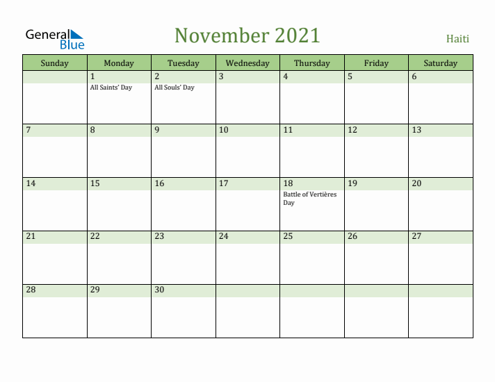 November 2021 Calendar with Haiti Holidays