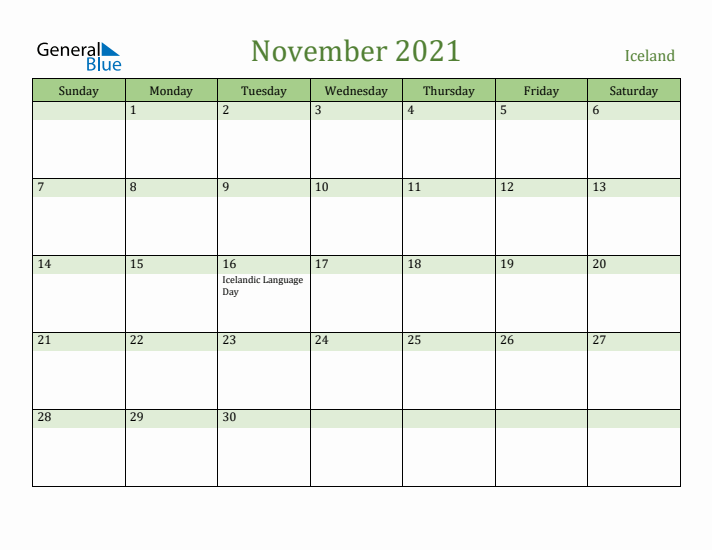 November 2021 Calendar with Iceland Holidays