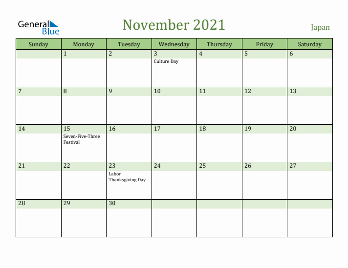 November 2021 Calendar with Japan Holidays