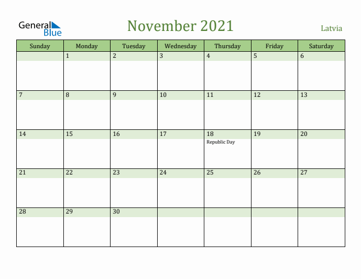 November 2021 Calendar with Latvia Holidays