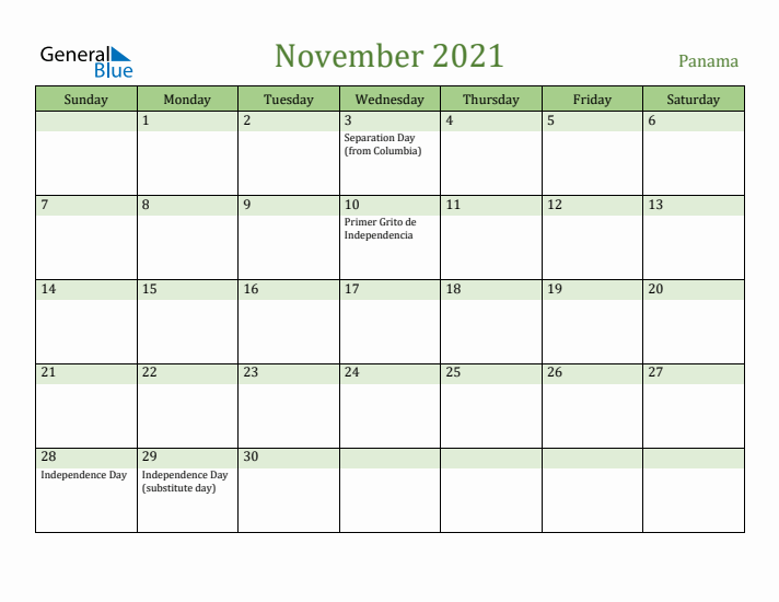 November 2021 Calendar with Panama Holidays