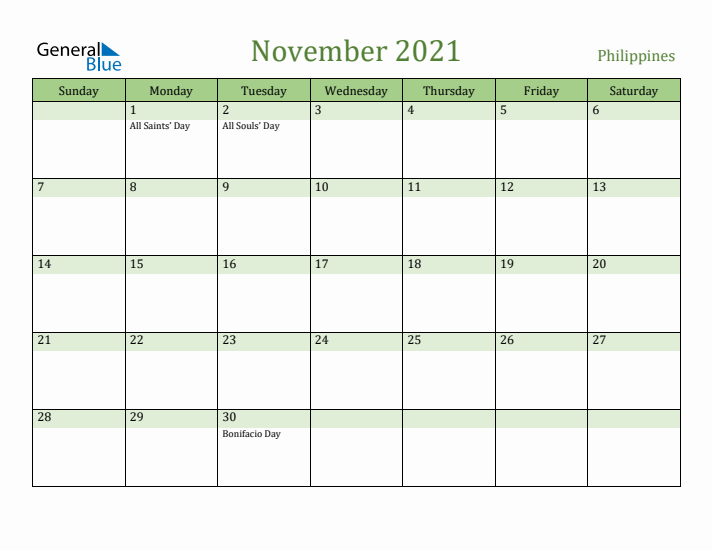 November 2021 Calendar with Philippines Holidays